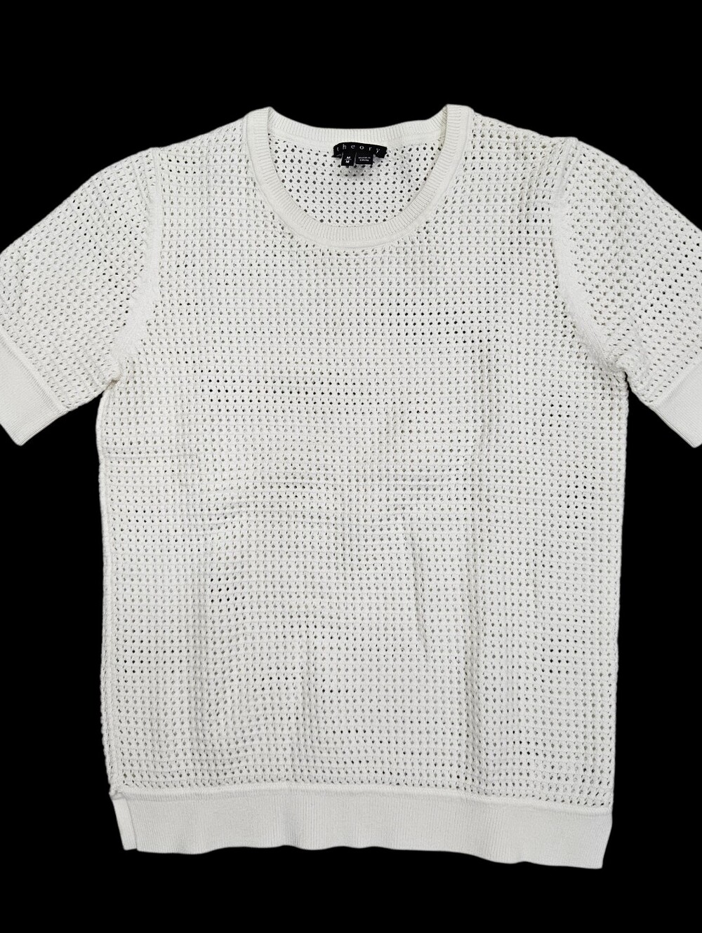 Theory Winter White Waffle Open Knit Sweater Short Sleeve M Viscose Blend Luxe
